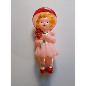 Toy Doll Rattle Vintage Hard Plastic Hand Painted Pink Body Blonde Girl 3.25"
